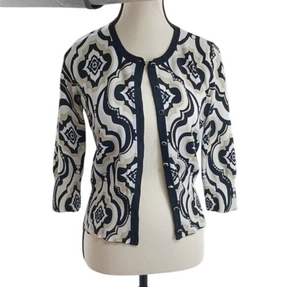White House Black Market Cardigan Sweater Button Down Geometric Knit Womens - Picture 1 of 7